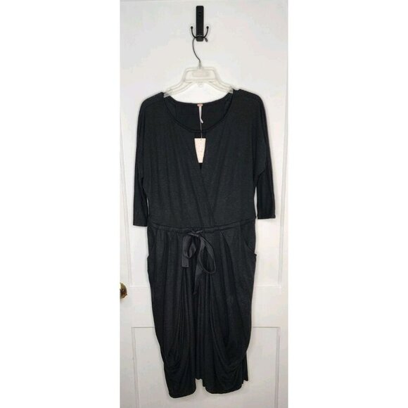 NWT Free People Easy Squeezy Linen Blend Dress Size XS Black Lagenlook Pockets - Picture 1 of 6